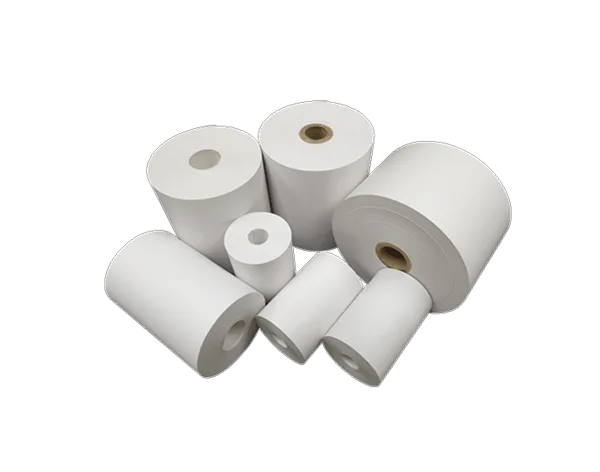 Plain thermal paper rolls stacked in warehouse